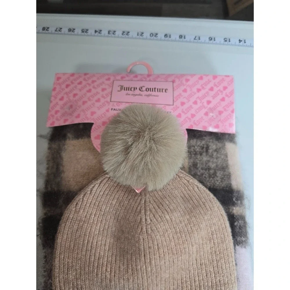 Juicy Couture Knit Beanie & Plaid Scarf Set Beige/Pink Pom Hat